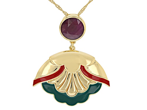 Pre-Owned 2.70ct Ruby & Enamel 18K Yellow Gold Over Sterling Silver Pendant With Chain