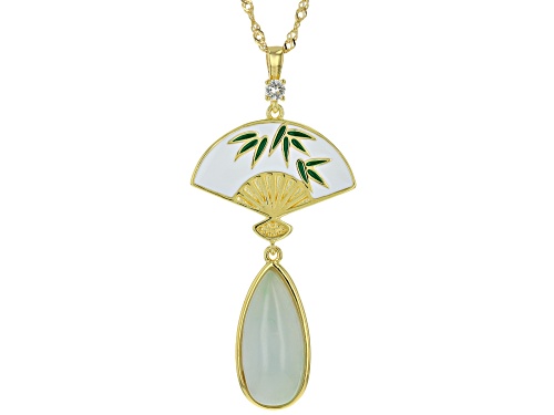 Pre-Owned 20x9mm Green Jadeite & 0.11ctw White Zircon 18k Yellow Gold Over Sterling Silver Fan Penda