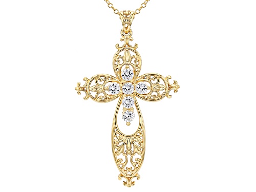 Pre-Owned 1.53ctw Lab Created White Sapphire 18k Yellow Gold Over Brass Cross Pendant With Chain