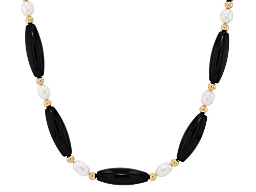 Pre-Owned 7mm White Cultured Freshwater Pearl With Black Agate 14k Yellow Gold Over Silver 18 Inch N - Size 18