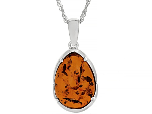 Pre-Owned 18x13mm Pear Shape Cabochon Amber Rhodium Over Sterling Silver Solitaire Pendant With Chai