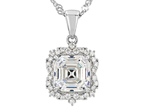 Pre-Owned 3.49ct Square Asscher Cut Strontium Titanate & Moissanite Fire® Rhodium Over Silver Pendan