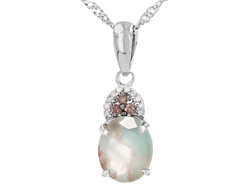Pre-Owned 10x8mm Aquaprase® with .08ctw White & Champagne Diamond Accent Rhodium Over Silver Pendant