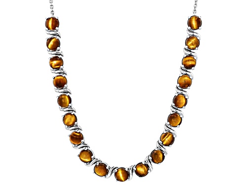 Pre-Owned 6mm Round Cabochon Tigers Eye Rhodium Over Sterling Silver Necklace - Size 18