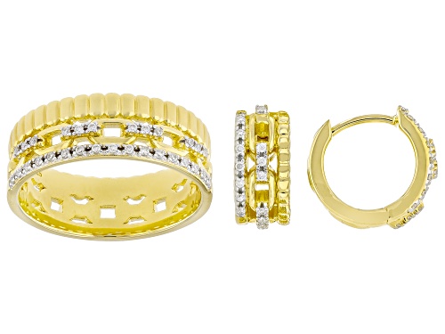 Pre-Owned MOISSANITE FIRE® 0.18CTW DEW ROUND BRILLIANT 14K YELLOW GOLD OVER SILVER EARRINGS AND RING