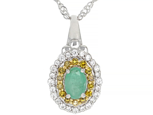 Pre-Owned 0.32ctw Emerald with 0.25ctw White Zircon & Yellow Diamond Accent Rhodium Over Silver Pend