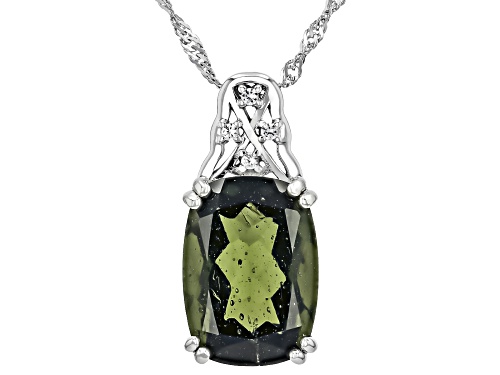 Pre-Owned 4.04ct Moldavite with 0.02ctw White Zircon Rhodium Over Sterling Silver Pendant with Chain