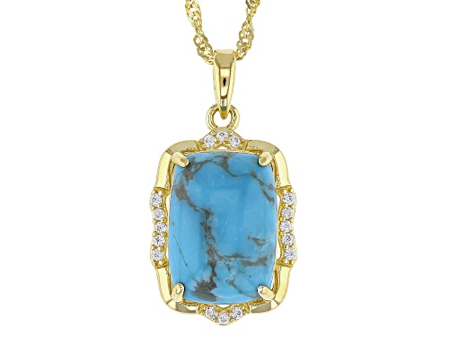 Pre-Owned 14x10mm Kingman Turquoise, 0.11ctw White Zircon 18k Yellow Gold Over Sterling Silver Penda