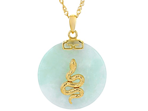 Pre-Owned 25mm Round Green Jadeite 18k Yellow Gold Over Sterling Silver Snake Pendant With Chain