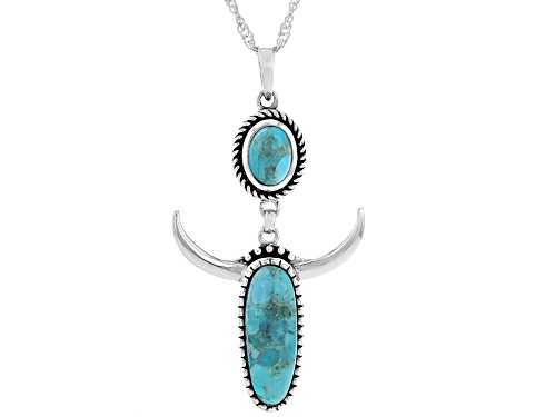 Pre-Owned Southwest Style by JTV™ Blue Turquoise Sterling Silver Bull Motif Pendant With 18" Chain