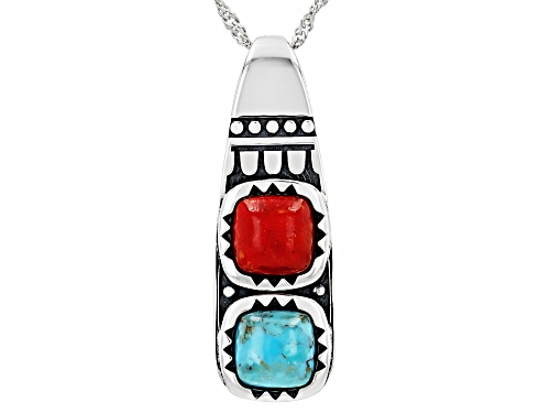 Pre-Owned Southwest Style By JTV™ 8mm Turquoise & 8mm Coral Sterling Silver Pendant With Chain