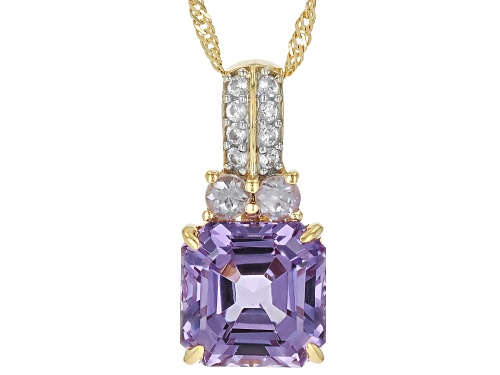 Pre-Owned 3.33 Lab Color Change Sapphire & 0.07ctw Lab White Sapphire 10k Yellow Gold Pendant with C