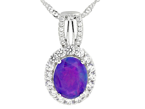 Pre-Owned 1.36ct Ethiopian Opal with .80ctw White Zircon Rhodium Over Sterling Silver Pendant with C