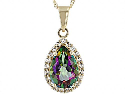 Pre-Owned 3.25ct Mystic Fire® Green Topaz With 0.38ctw White Topaz 10k Yellow Gold Pendant With Chai