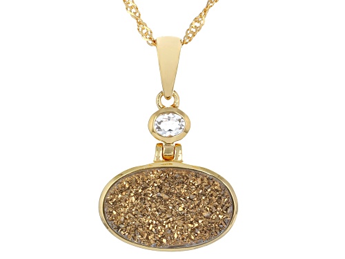 Pre-Owned 3.82ct Golden Drusy Quartz With 0.17ctw Topaz 18K Yellow Gold Over Silver Pendant with Cha