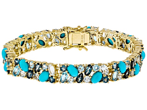 Pre-Owned Sleeping Beauty Turquoise with 14.22ctw Blue Topaz 18k Yellow Gold Over Sterling Silver Br - Size 7.25