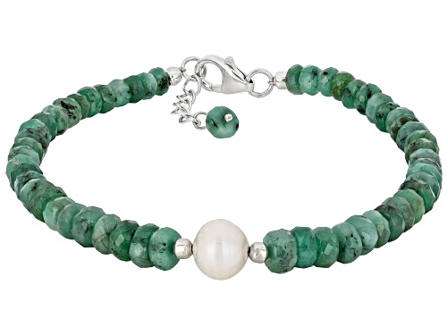Pre-Owned 4-6mm Rondelle Emerald With 8-6mm Cultured Freshwater Pearl Rhodium Over Silver Beaded Bra - Size 7.5