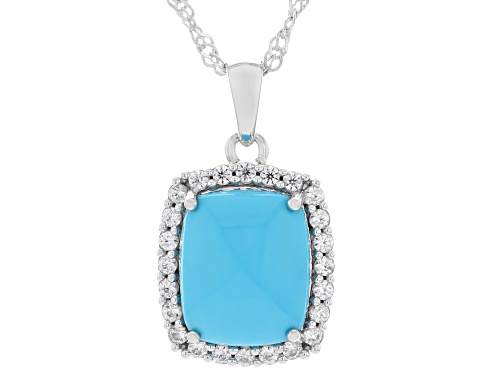 Pre-Owned 12x10mm Cushion Sleeping Beauty Turquoise With .43ctw Zircon Rhodium Over Silver Pendant/C