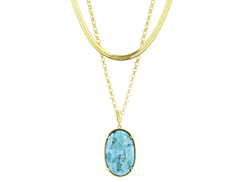 Pre-Owned 30x20mm Turquoise With 30x20mm Sponge Coral 18k Yellow Gold Over Brass Pendant With Chain