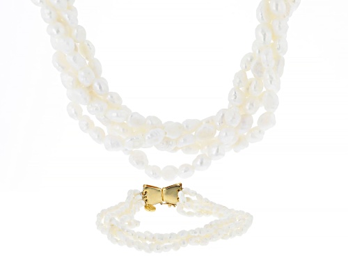 Pre-Owned 4-5mm White Cultured Freshwater Pearl Brass Jewelry Set Of 18 Inch Necklace And Bracelet