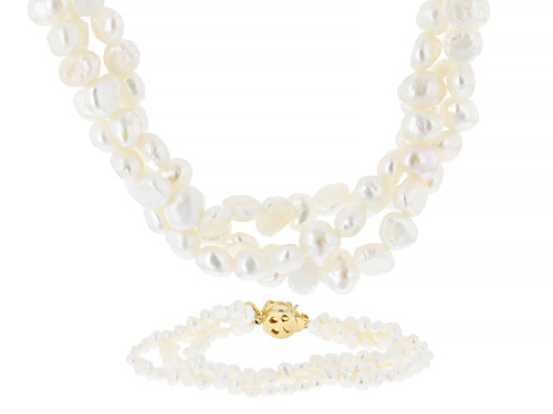 Pre-Owned 4-5mm White Cultured Freshwater Pearl Brass Jewelry Set Of 18 Inch Necklace And Bracelet