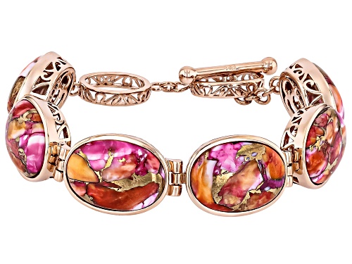Pre-Owned Timna Jewelry Collection™ 20x14mm Pink & Orange Spiny Oyster Shell Copper Station Bracelet - Size 8