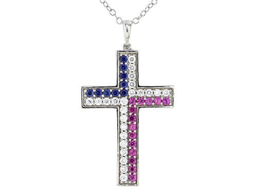 Pre-Owned Prazana® Lab-Grown Diamonds 0.70ctw Diamond & Multi-Gem Rhodium Over Silver Cross Pendant,