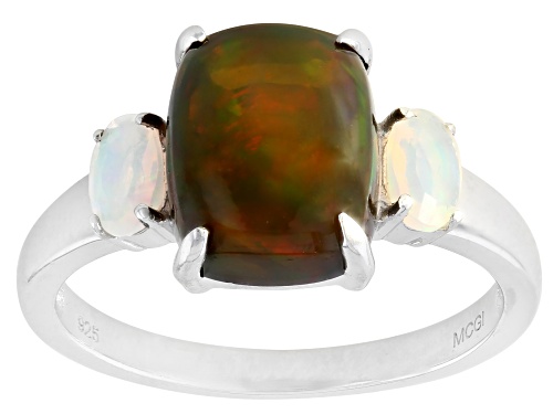 Pre-Owned 1.61ct Black and 0.27ctw White Ethiopian Opal Rhodium Over Sterling Silver Ring - Size 6