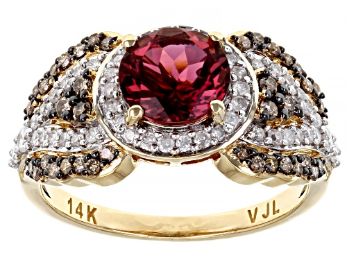 Photo of Park Avenue Collection® Rubellite With White And Champagne Diamond 14k Yellow Gold Halo Ring 1.77ctw - Size 6