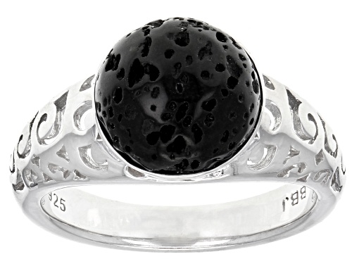 Pacific Style™ 10mm Round Indonesian Lava Stone Rhodium Over Silver Solitaire Ring - Size 8