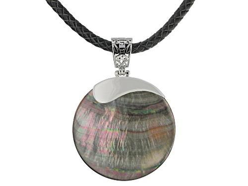 Pacific Style™ 50mm Round Black Mother Of Pearl Rhodium Over Silver Enhancer With 20" Cord