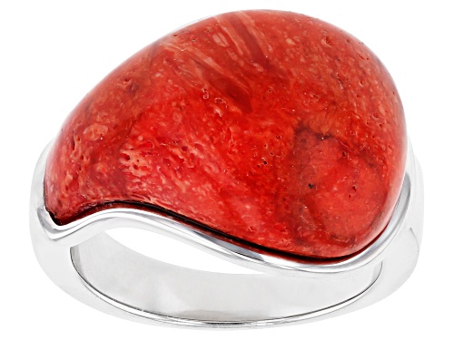 Pacific Style™ 20x15x5mm Fancy Red Sponge Coral Solitaire Rhodium Over Sterling Silver Dome Ring - Size 8