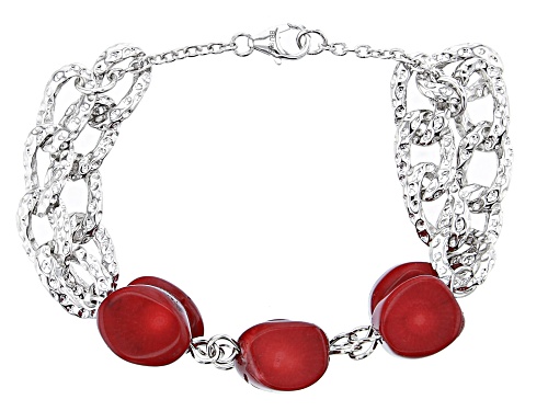 Photo of Pacific Style™ Free-Form Red Sponge Coral, Rhodium Over Silver 6-Stone Double Strand Bracelet - Size 8