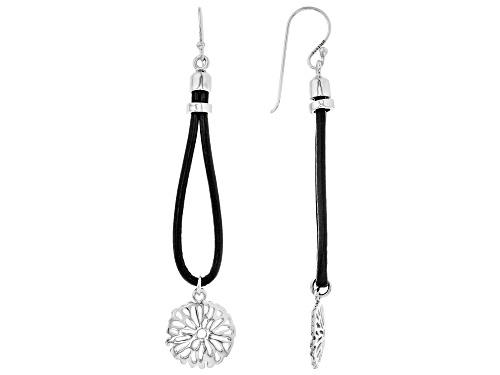 Pacific Style™  Rhodium Over Silver Flower Design And Imitation Leather Cord Dangle Earrings