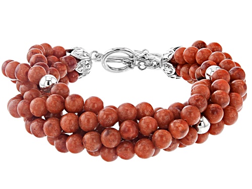 Photo of Pacific Style™ 4-6mm Red Sponge Coral 5-Strand Torsade, Rhodium Over Silver Bead Bracelet - Size 8