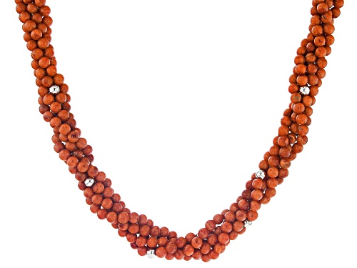 Photo of Pacific Style™ 4-6mm Red Sponge Coral 5-Strand Torsade, Rhodium Over Silver Bead Necklace - Size 21