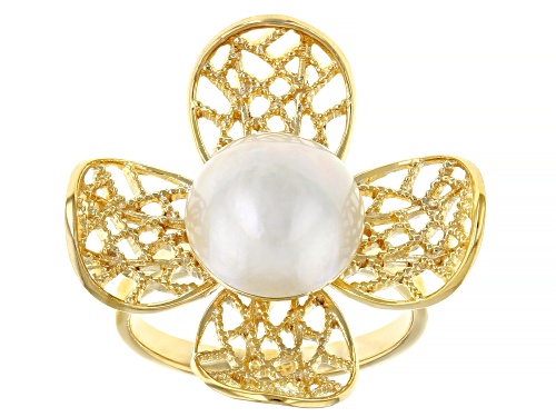 Photo of Pacific Style™ 10mm White Cultured Mabe Pearl Solitaire, 18K Gold Over Silver Filigree Flower Ring - Size 8