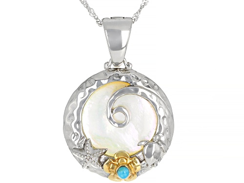 Pacific Style™ Mother of Pearl & Turquoise Rhodium & 18K Yellow Gold Over Silver Floral Enhancer