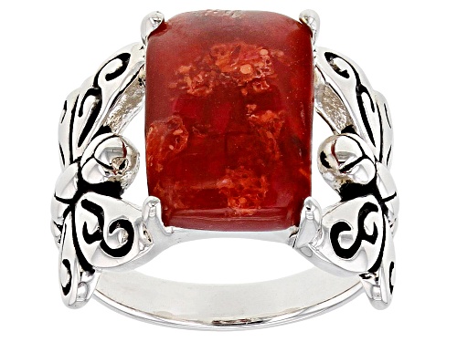 Pacific Style™ 14x10mm Rectangular Coral Rhodium Over Sterling Silver Dragonfly Ring - Size 9