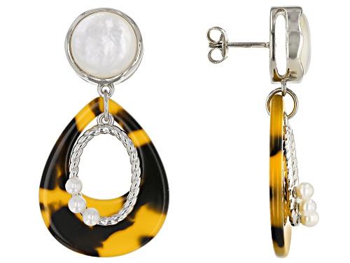 Photo of Pacific Style™Imitation Tortoise Shell, Mother-of-Pearl, & Cultured Freshwater Pearl Silver Earrings