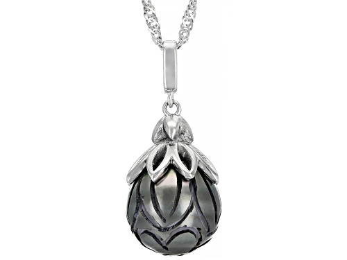Photo of Pacific Style™ Hand Carved Black Cultured Tahitian Pearl Rhodium Over Silver Pendant With Chain