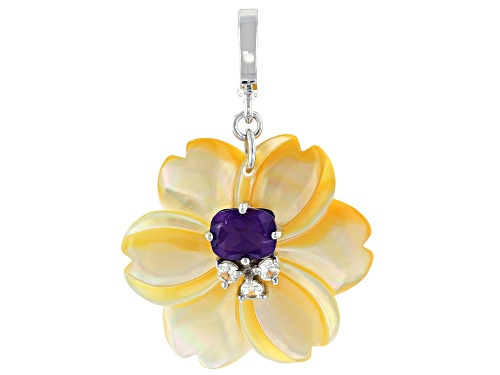 Pacific Style™ 35mm Mother-of-Pearl, 2.18ctw Amethyst & Zircon Rhodium Over Silver Hibiscus Enhancer