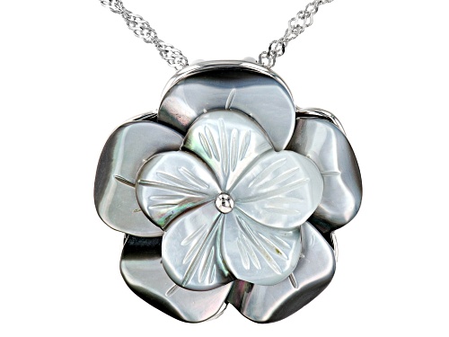 Pacific Style™ 25mm Gray Mother-Of-Pearl Rhodium Over Sterling Silver Flower Pendant With 18" Chain