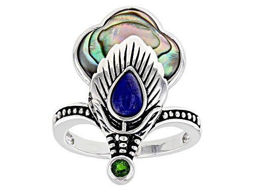 Photo of Pacific Style™ Abalone Shell, Lapis, & 0.07ct Chrome Diopside Sterling Silver Peacock Feather Ring - Size 6