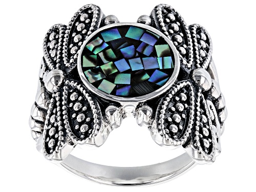 Pacific Style™ Mosaic Abalone Shell Sterling Silver Dragonflies Ring - Size 7