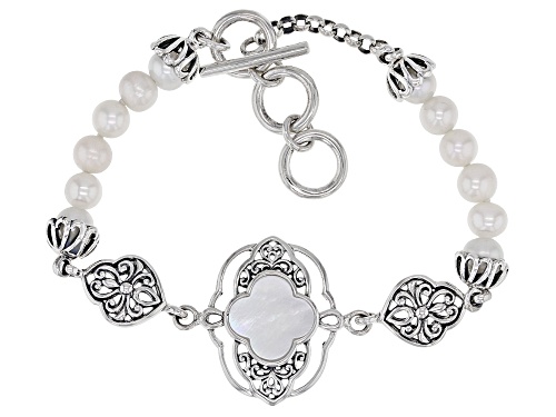 Photo of Pacific Style™ Mother-of-Pearl & Cultured Freshwater Pearl Sterling Silver Filigree Design Bracelet - Size 7.5