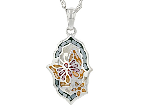 Photo of Pacific Style™ Mother-Of-Pearl Sterling Silver Mosaic Butterfly Pendant With 18" Chain