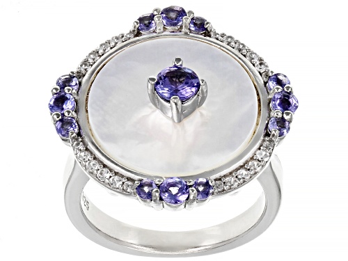Pacific Style™ White Mother-of-Pearl, 0.99ctw Tanzanite & White Zircon Rhodium Over Silver Ring - Size 7