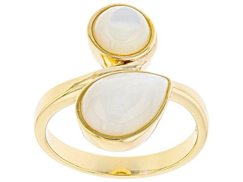Pacific Style™ Round and Pear White Mother-of-Pearl 18k Yellow Gold Over Sterling Silver Bypass Ring - Size 10
