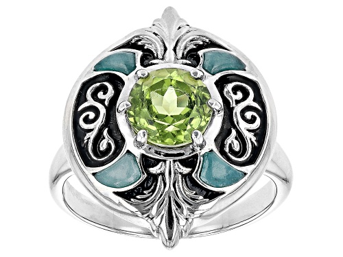 Pacific Style™ 1.12ct Peridot and Inlay Jadeite Rhodium over Sterling Silver Ring - Size 9